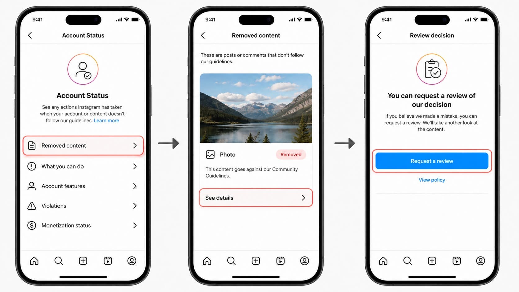 Instagram Account Status screen for appealing a removed photo Instagram Account Status screen for appealing a removed photo
