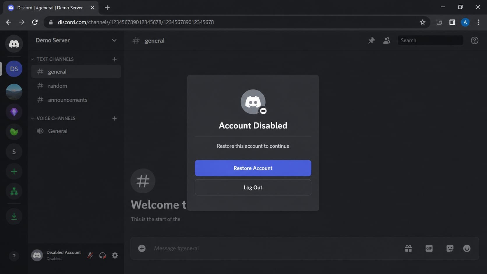 Discord disabled account prompt with the Restore Account button Discord disabled account prompt with the Restore Account button