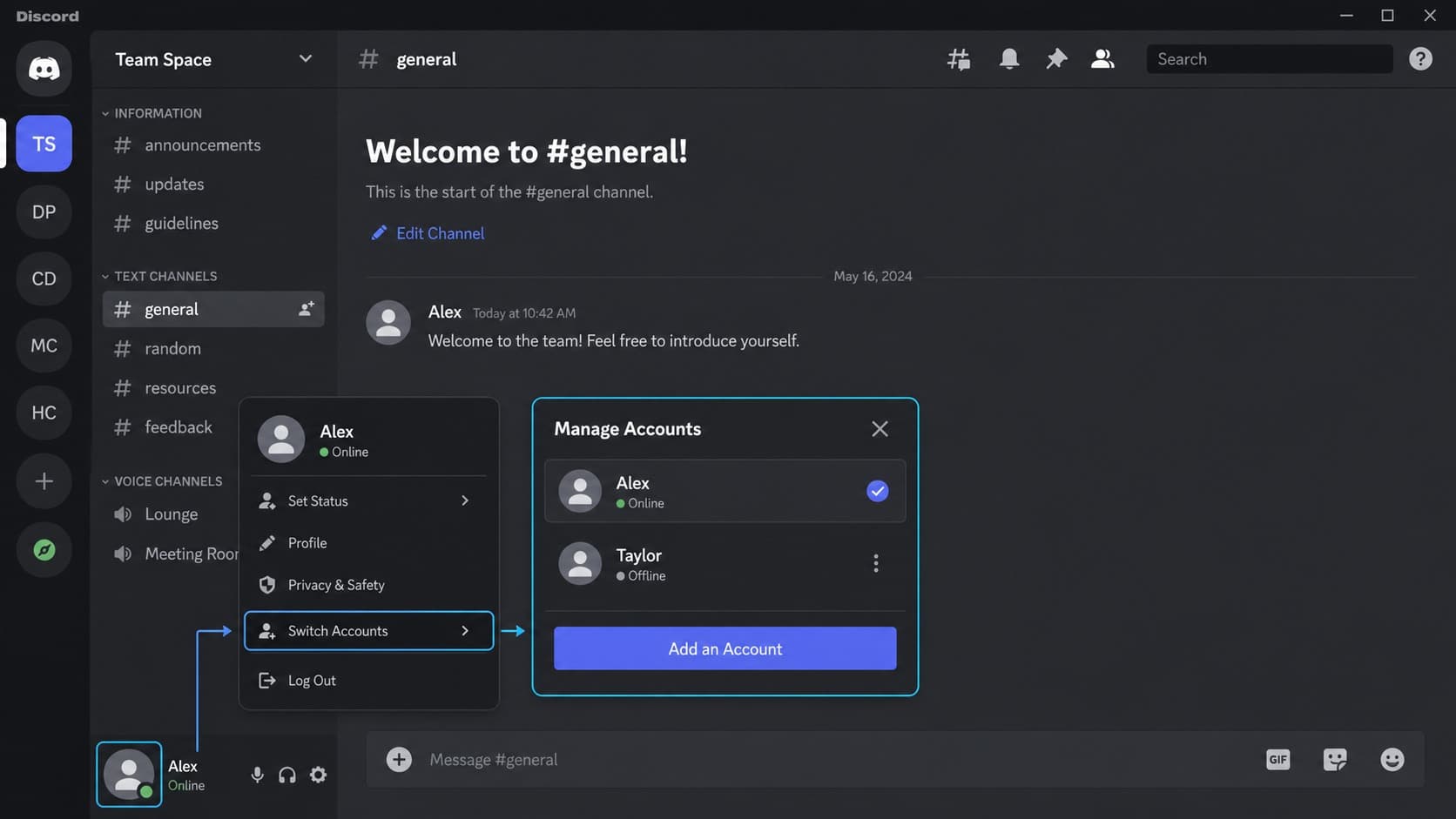 Discord desktop account switcher with Manage Accounts and Add an Account controls Discord desktop account switcher with Manage Accounts and Add an Account controls