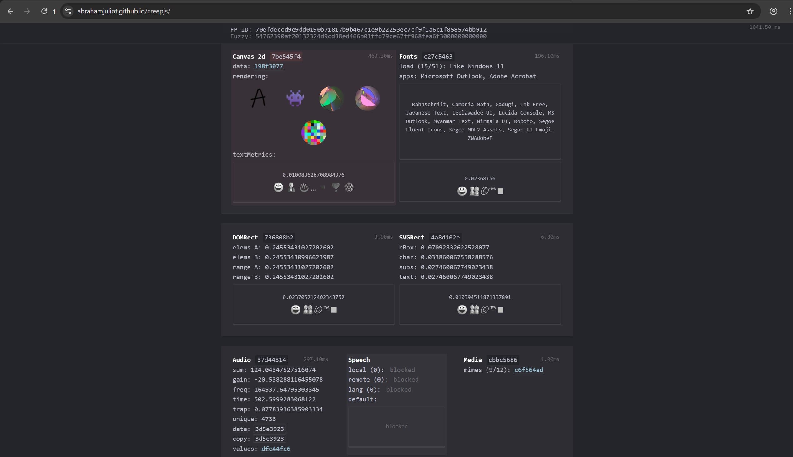 Звіт CreepJS для AgentX з обрахунком Canvas за 463 мілісекунди та заблокованим Speech API Звіт CreepJS для AgentX з обрахунком Canvas за 463 мілісекунди та заблокованим Speech API