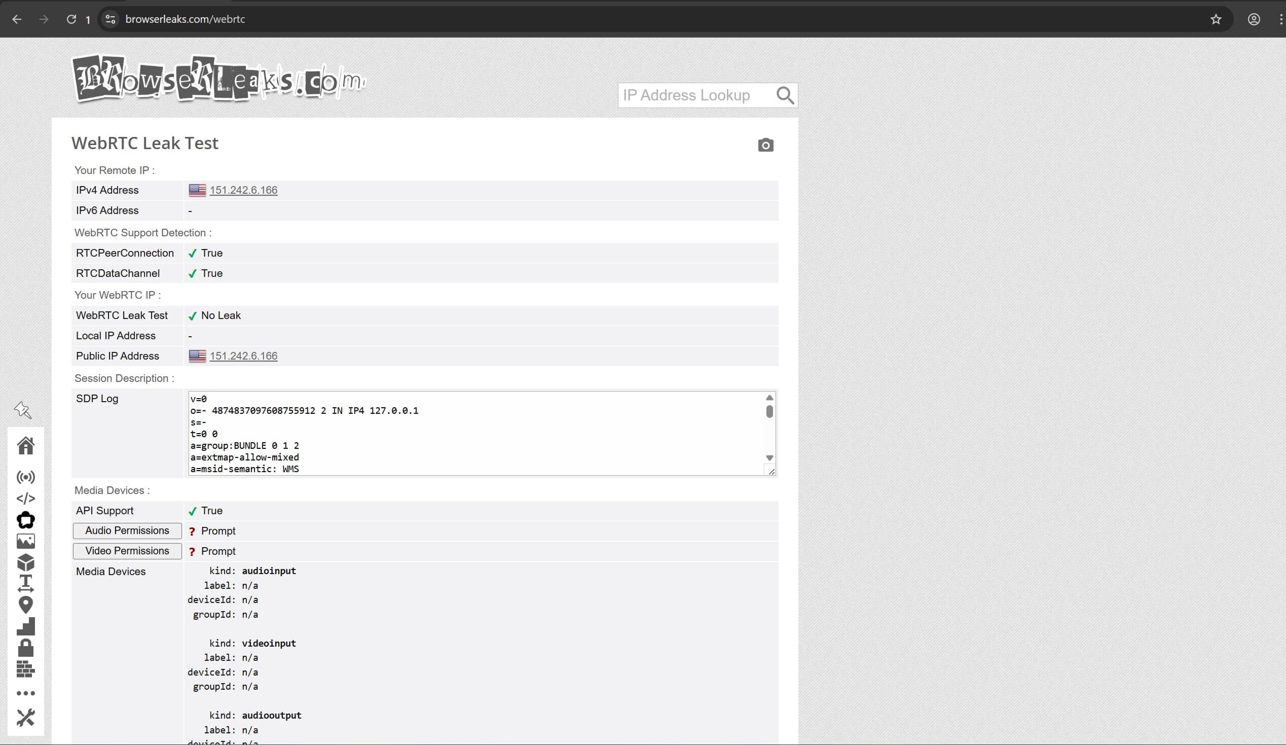 Тест BrowserLeaks WebRTC для AgentX зі статусом No Leak і прихованою локальною адресою Тест BrowserLeaks WebRTC для AgentX зі статусом No Leak і прихованою локальною адресою