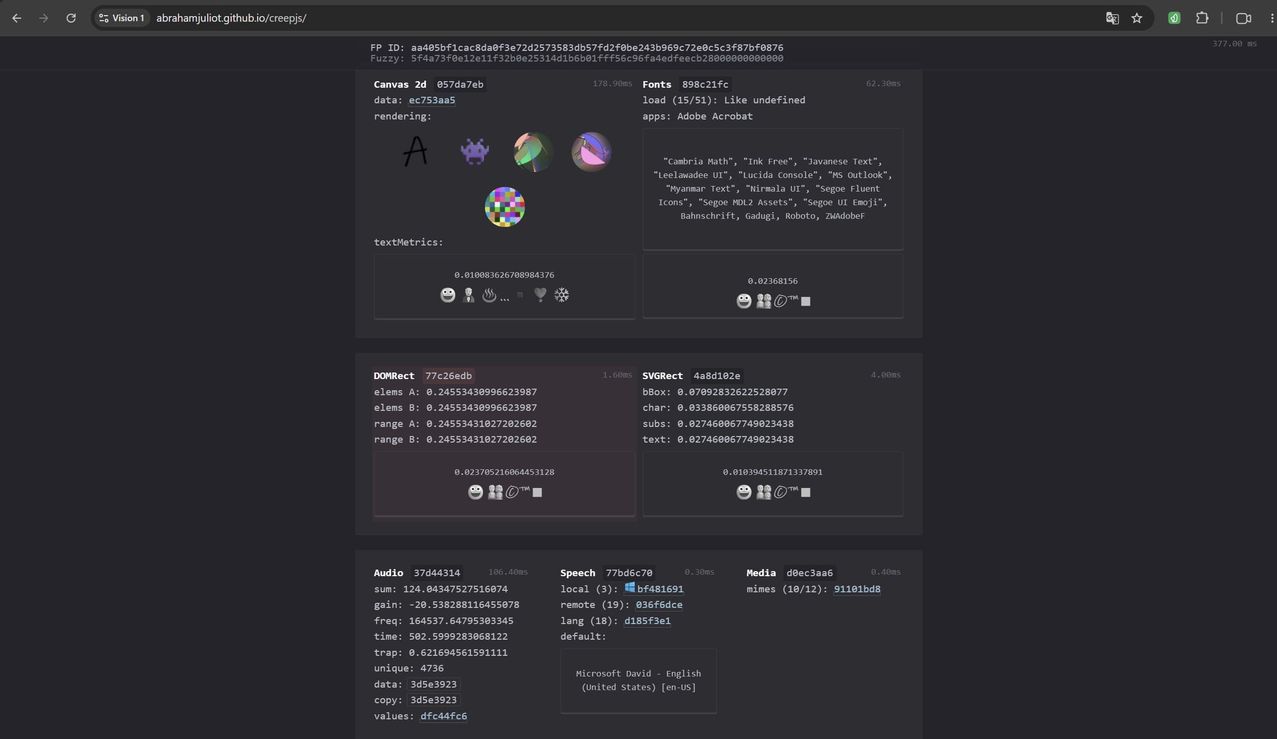 Vision CreepJS test result Vision CreepJS test result