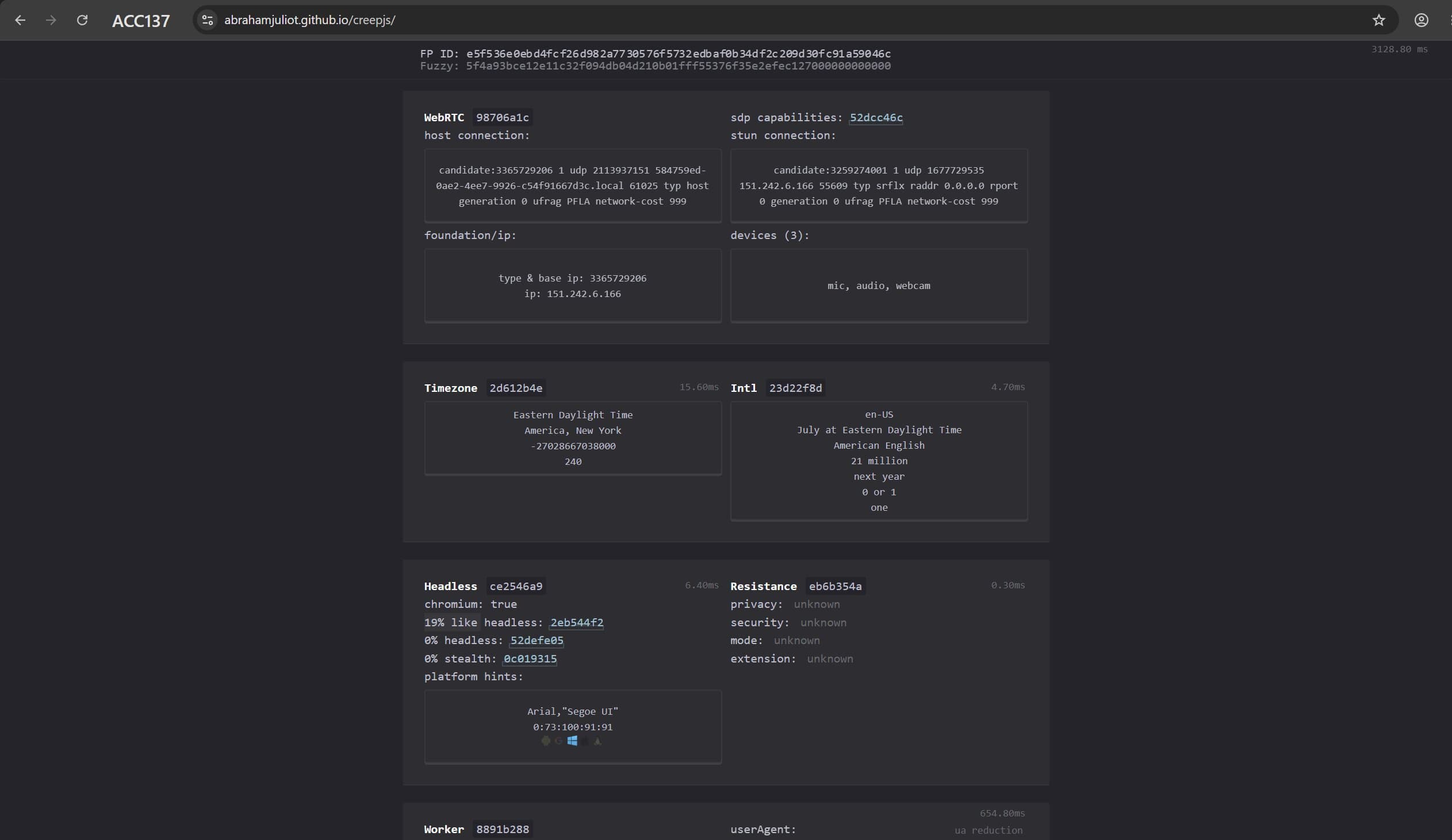 WebRTC, Timezone and Headless block in the CreepJS report for the Afina profile WebRTC, Timezone and Headless block in the CreepJS report for the Afina profile