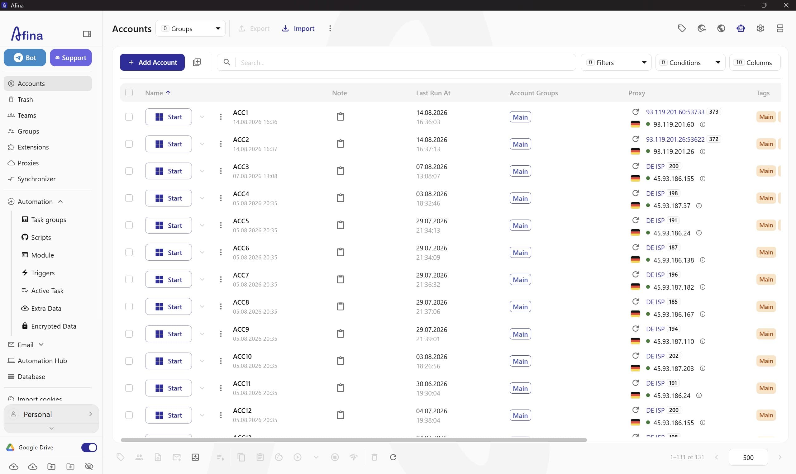 Afina account table with proxy, tags and profile launch status Afina account table with proxy, tags and profile launch status