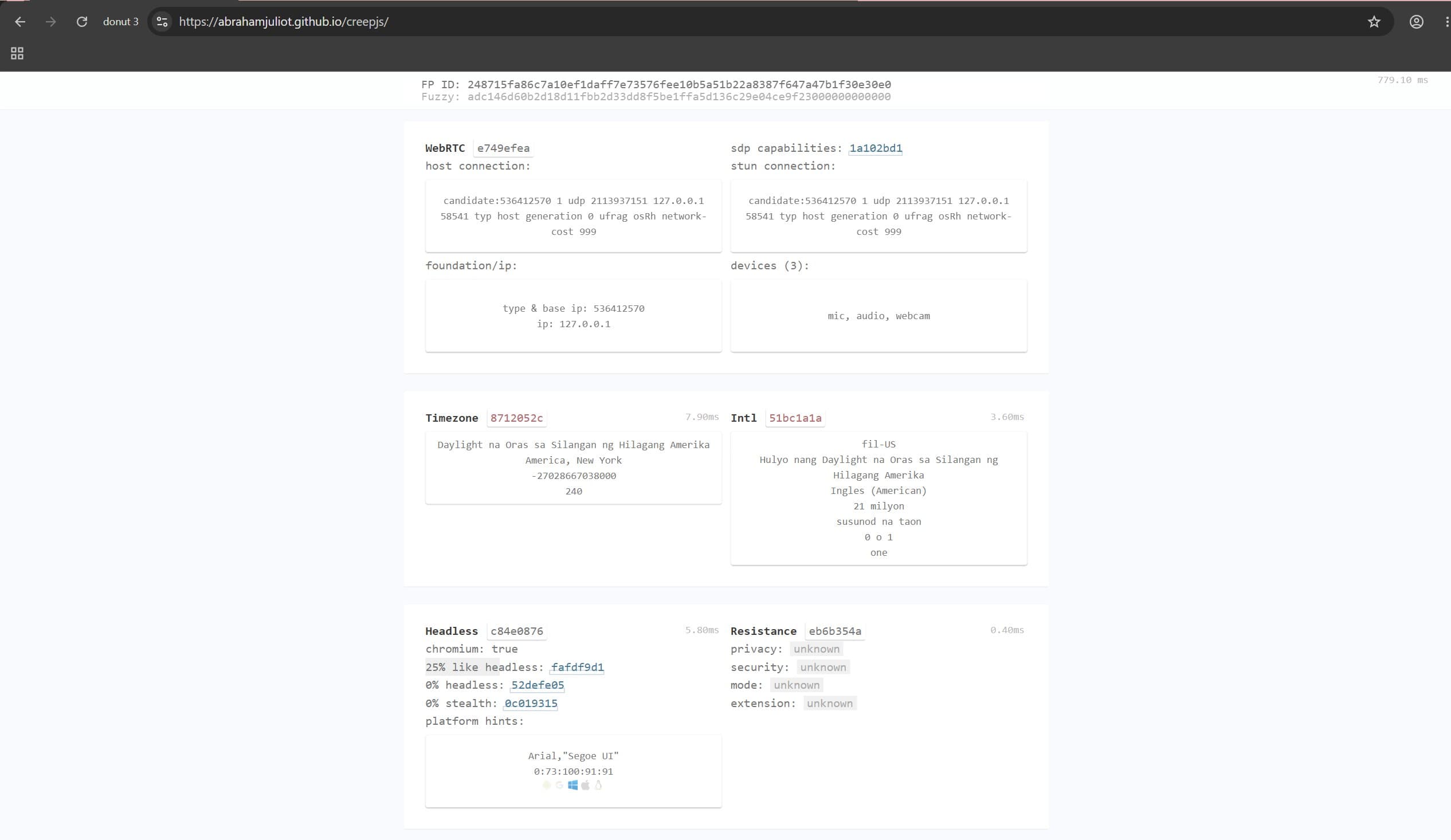 WebRTC, Timezone and Headless block in the CreepJS report for the Donut Browser profile WebRTC, Timezone and Headless block in the CreepJS report for the Donut Browser profile