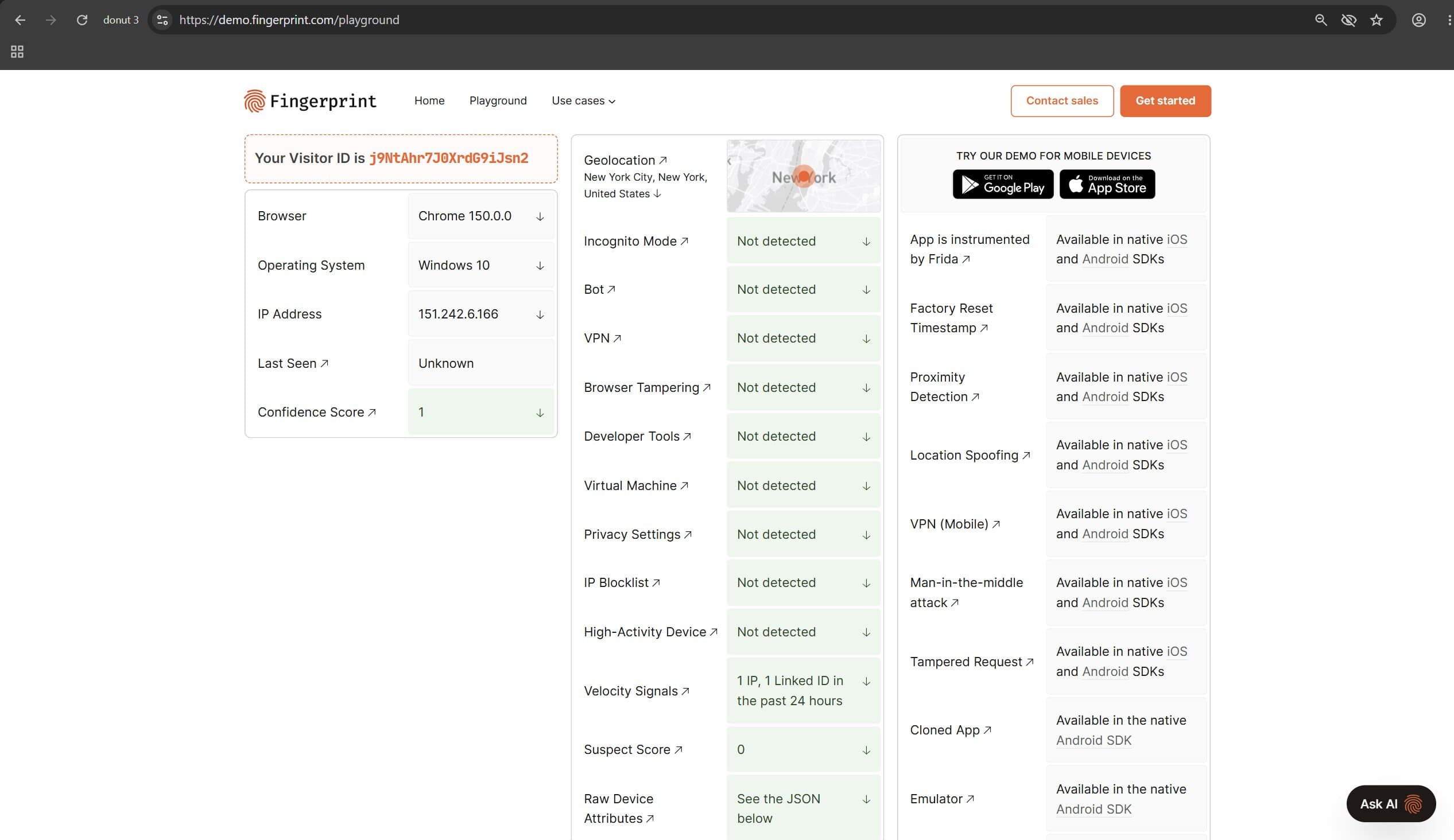 Fingerprint.com Playground demo with a list of Smart Signals for the Donut Browser profile Fingerprint.com Playground demo with a list of Smart Signals for the Donut Browser profile