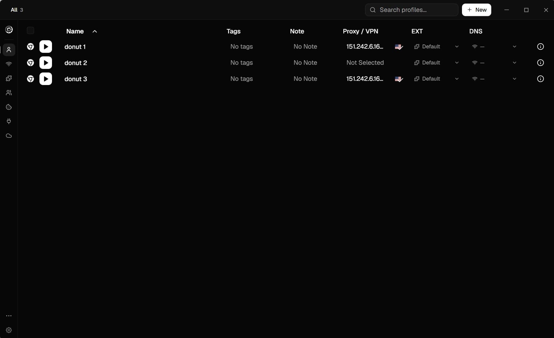 List of local profiles in the Donut Browser interface with proxy, extension and DNS settings List of local profiles in the Donut Browser interface with proxy, extension and DNS settings
