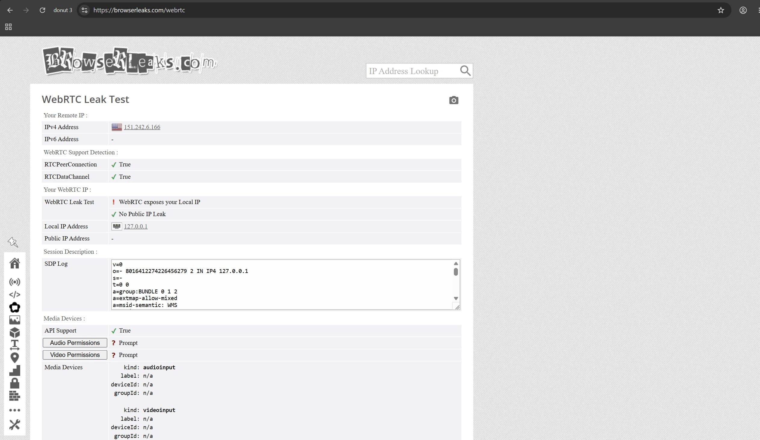 WebRTC Leak test on browserleaks.com with a local IP address for the Donut Browser profile WebRTC Leak test on browserleaks.com with a local IP address for the Donut Browser profile