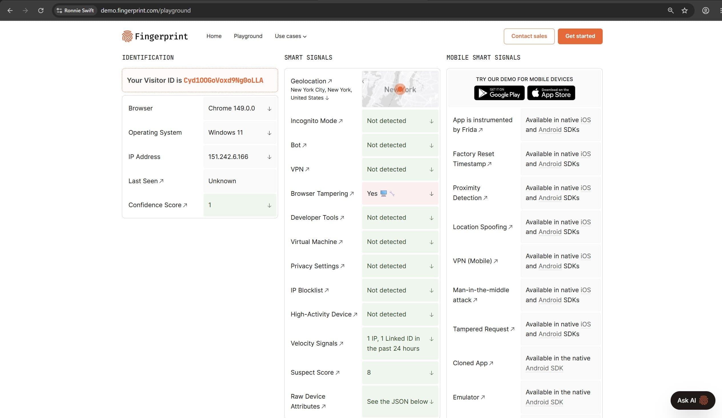 Fingerprint.com позначає Browser Tampering як Yes і Suspect Score 8 для профілю Hidemium Fingerprint.com позначає Browser Tampering як Yes і Suspect Score 8 для профілю Hidemium
