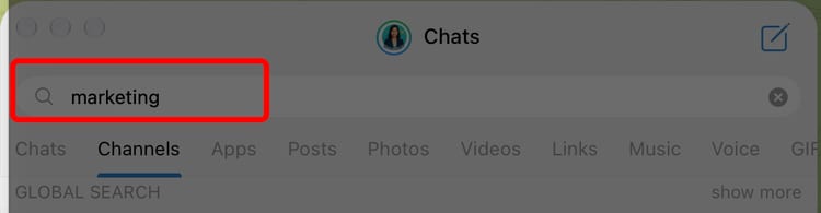 searching for a channel in the telegram app