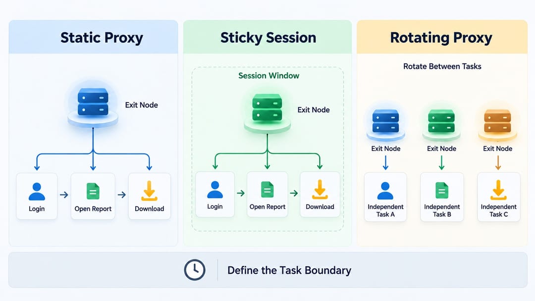 Static sticky and rotating proxy session models