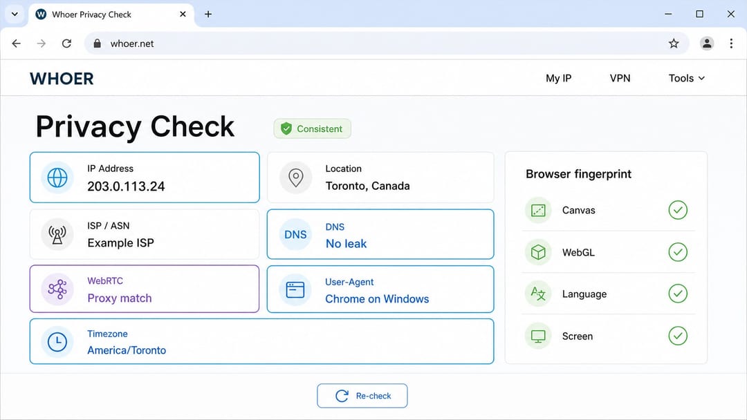 Отчет Whoer с данными IP-адреса, DNS, WebRTC и User-Agent