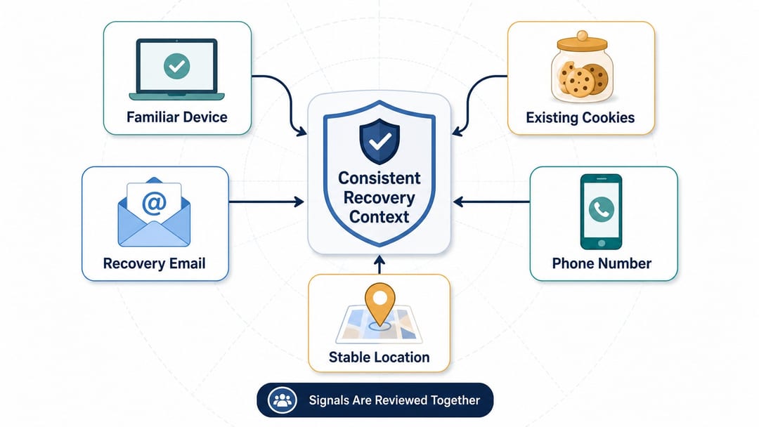 Familiar device cookies recovery contacts and stable location signals
