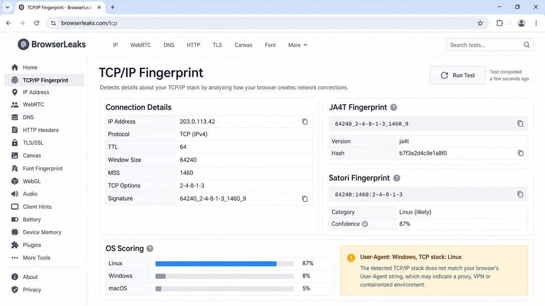 Example of checking TCP fingerprint in BrowserLeaks for a scraper browser profile Example of checking TCP fingerprint in BrowserLeaks for a scraper browser profile