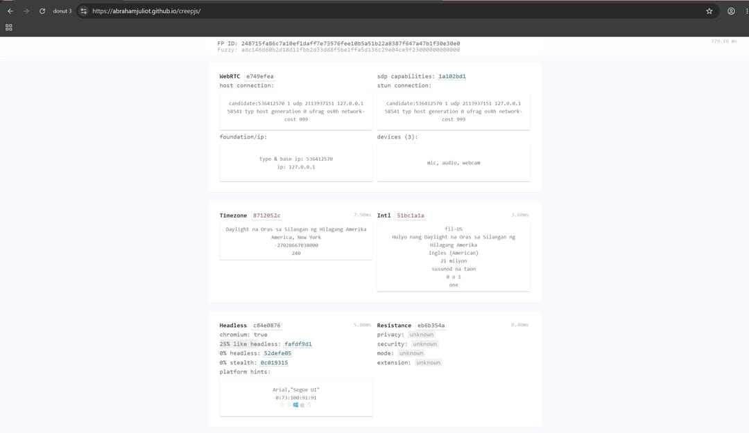 Блок WebRTC, Timezone і Headless у звіті CreepJS для профілю Donut Browser