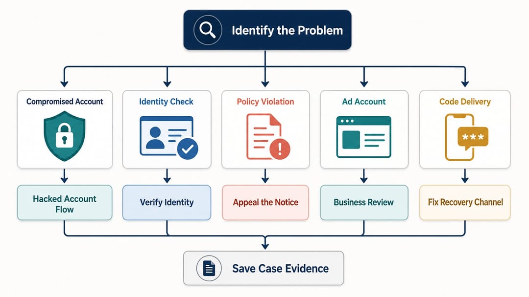 Official account recovery path by problem type