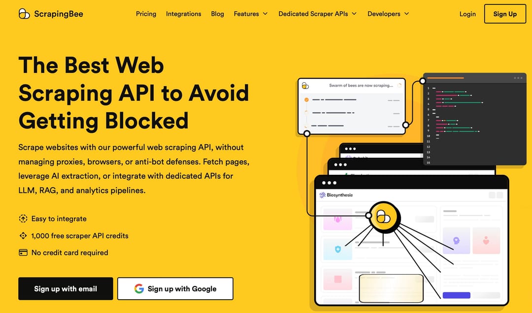 Страница ScrapingBee для proxy и headless browser API Страница ScrapingBee для proxy и headless browser API