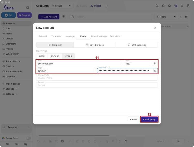 Поля прокси в Afina с хостом, портом, логином и паролем IPRoyal рядом с кнопкой Check proxy