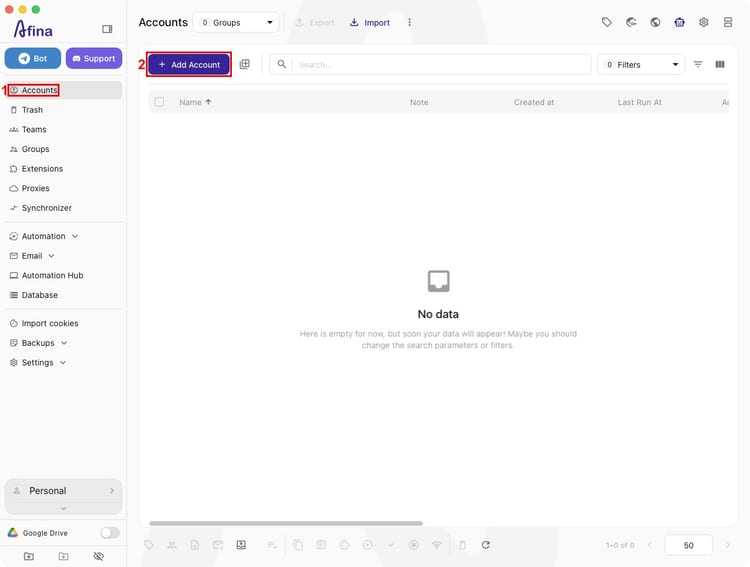 Раздел Accounts в Afina с выделенной кнопкой Add Account
