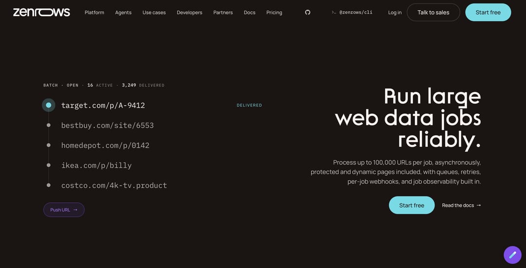 ZenRows Batch page for large URL processing