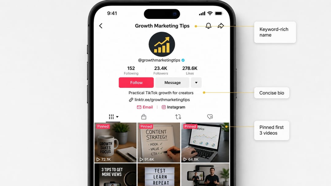 Optimised TikTok profile with a keyword in the name field, a concise bio and pinned videos