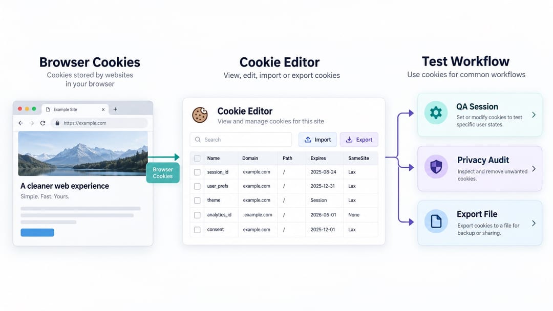 typical cookie editor interface with a cookie table and export buttons