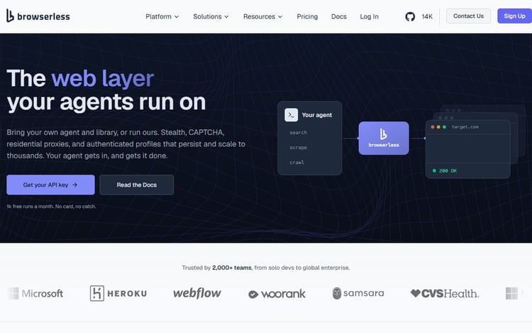 Browserless page describing a cloud browser for AI agents and browser automation