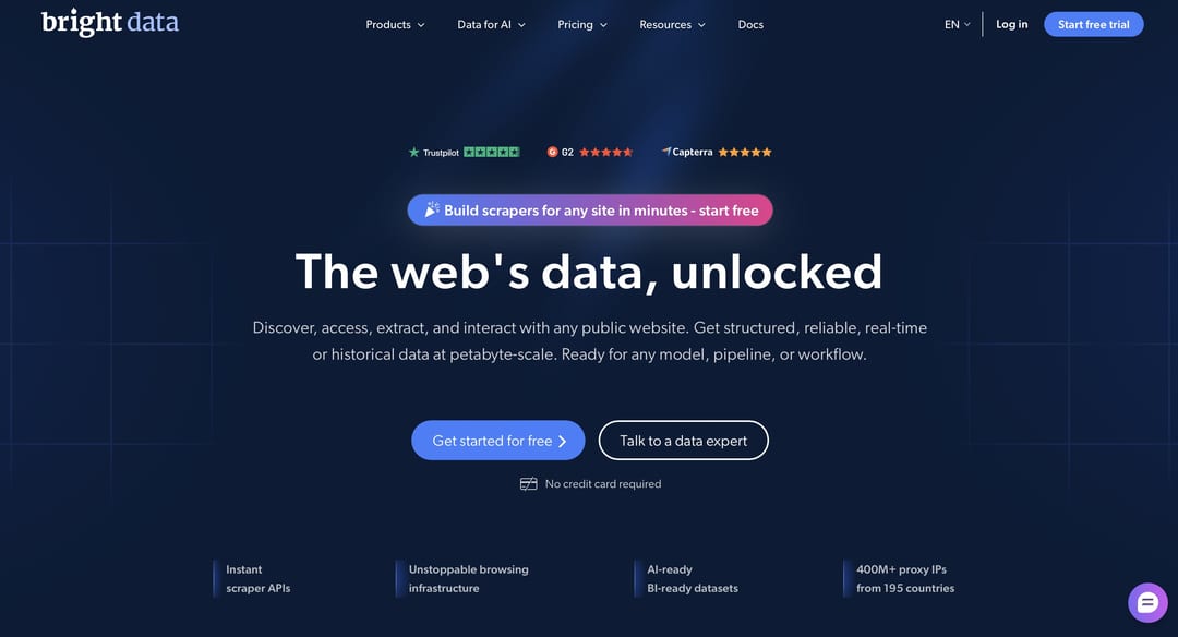 Bright Data homepage showing proxy and web data products Bright Data homepage showing proxy and web data products