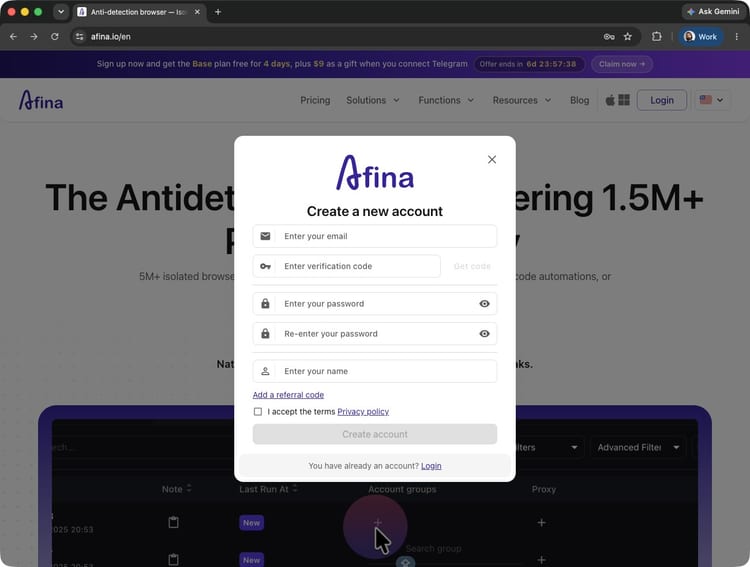 Форма регистрации нового аккаунта на сайте afina.io