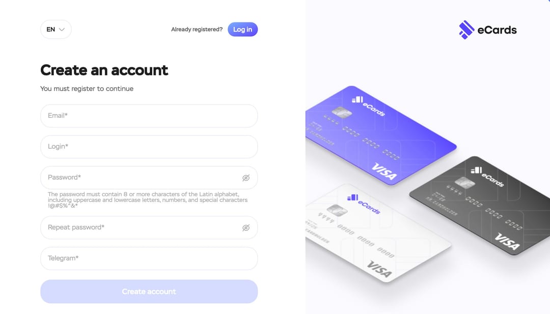 Creating an account in eCards