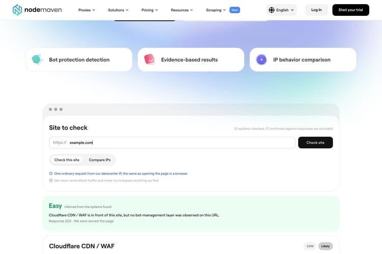 NodeMaven Anti-Bot Checker result for example.com