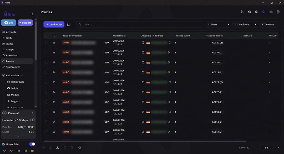 Checking the outgoing proxy IP in Afina Browser