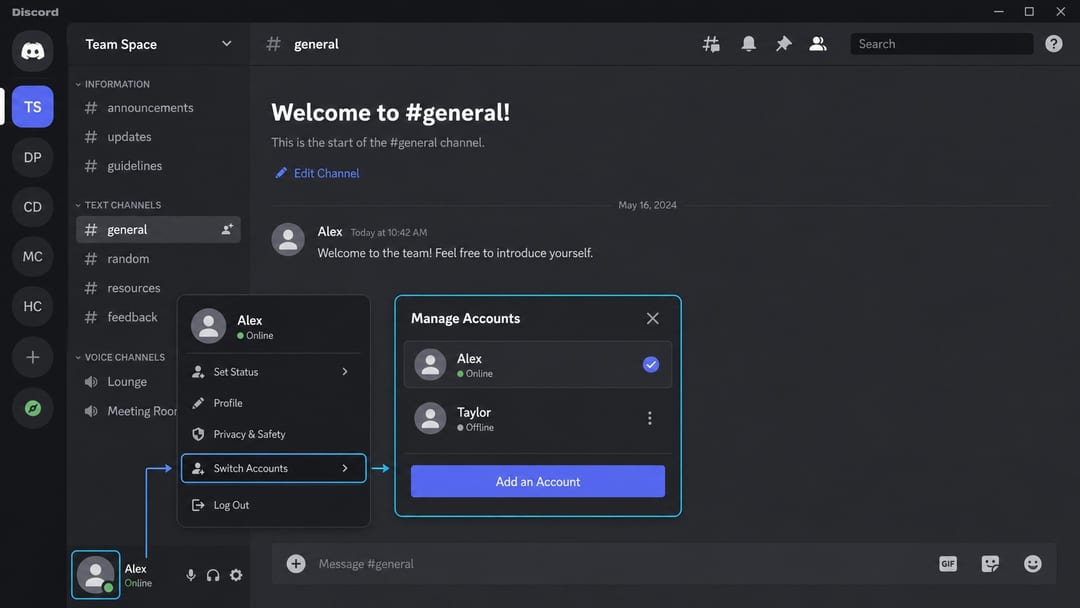 Переключатель аккаунтов Discord на ПК с элементами Manage Accounts и Add an Account