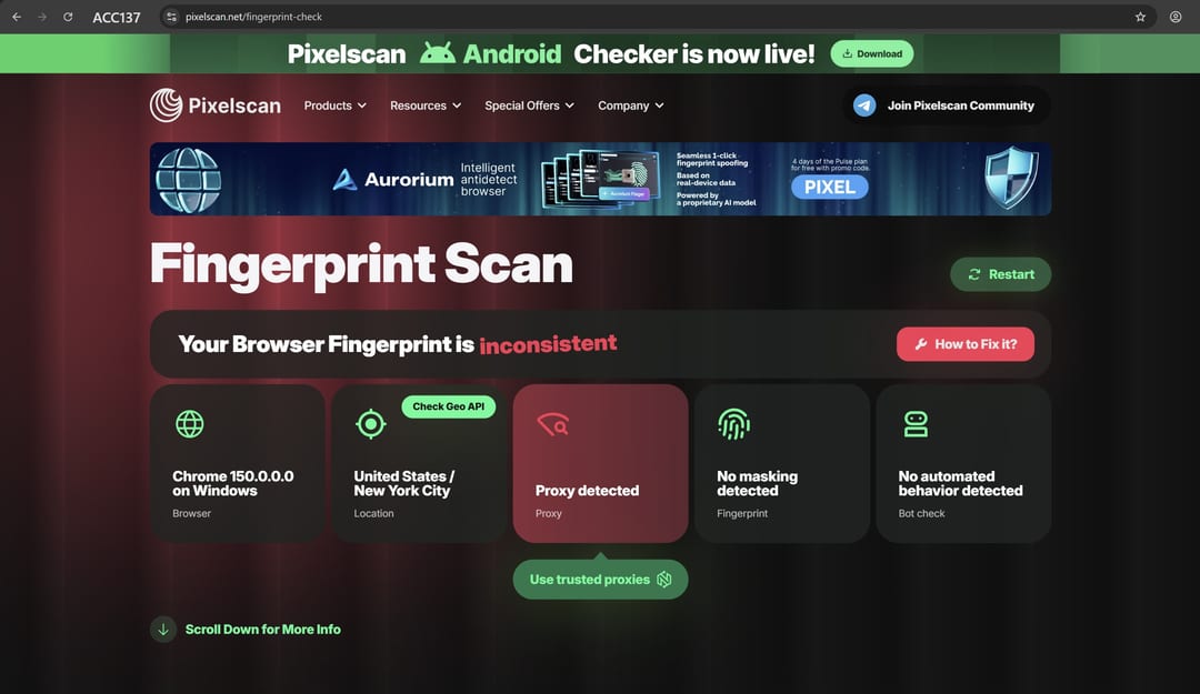 Перевірка профілю Afina у Pixelscan з IP, WebRTC та timezone