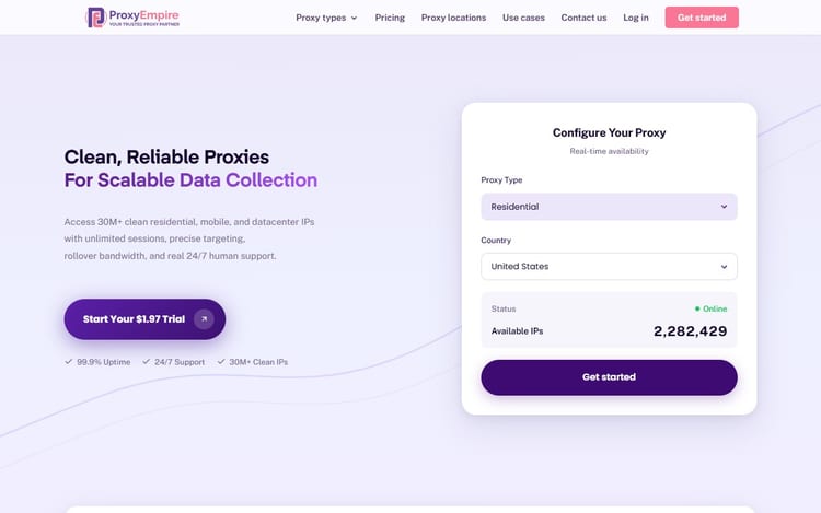 ProxyEmpire page describing residential and mobile proxy networks