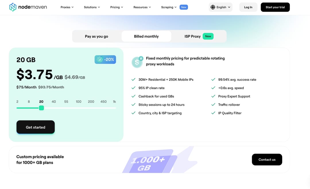 NodeMaven residential and mobile proxy pricing plans