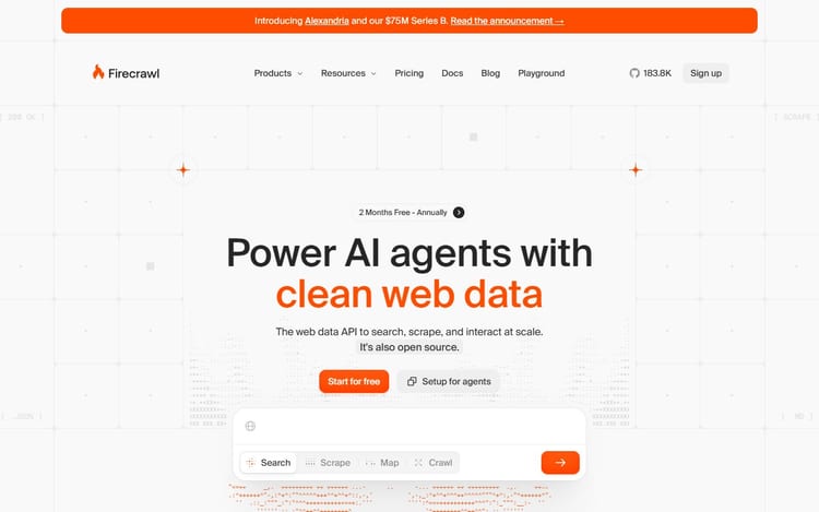 Firecrawl homepage describing a context API for search, scrape and web interaction