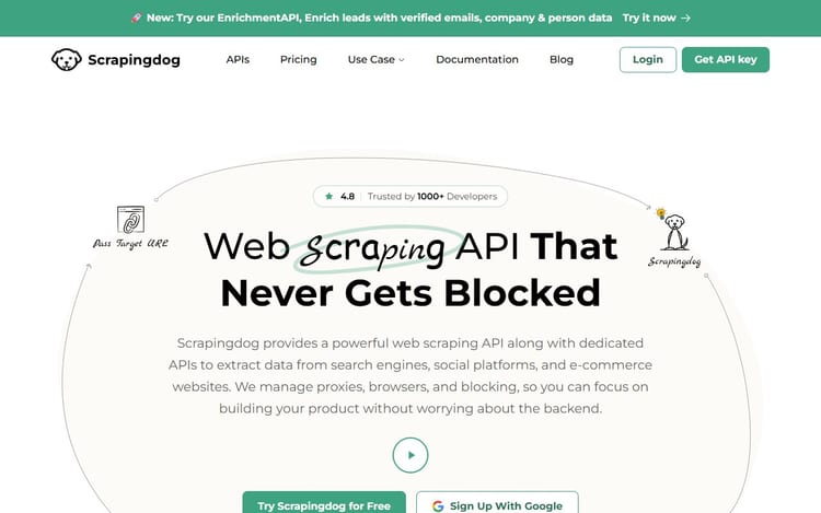 Scrapingdog page showing a web scraping API and ready source APIs