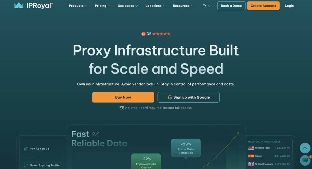 IPRoyal homepage showing residential and datacenter proxy options IPRoyal homepage showing residential and datacenter proxy options