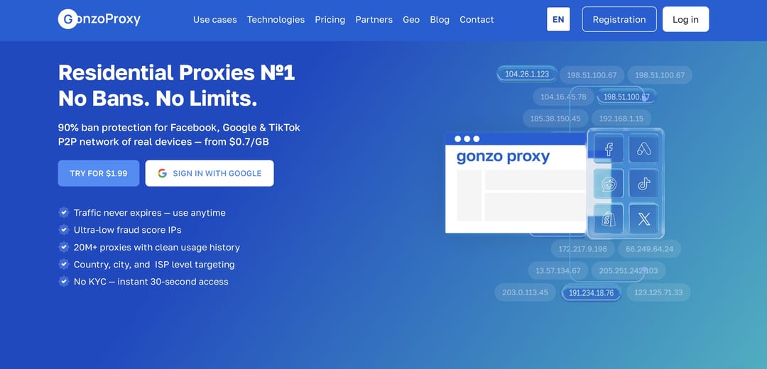 GonzoProxy homepage with residential IPs and geotargeting GonzoProxy homepage with residential IPs and geotargeting