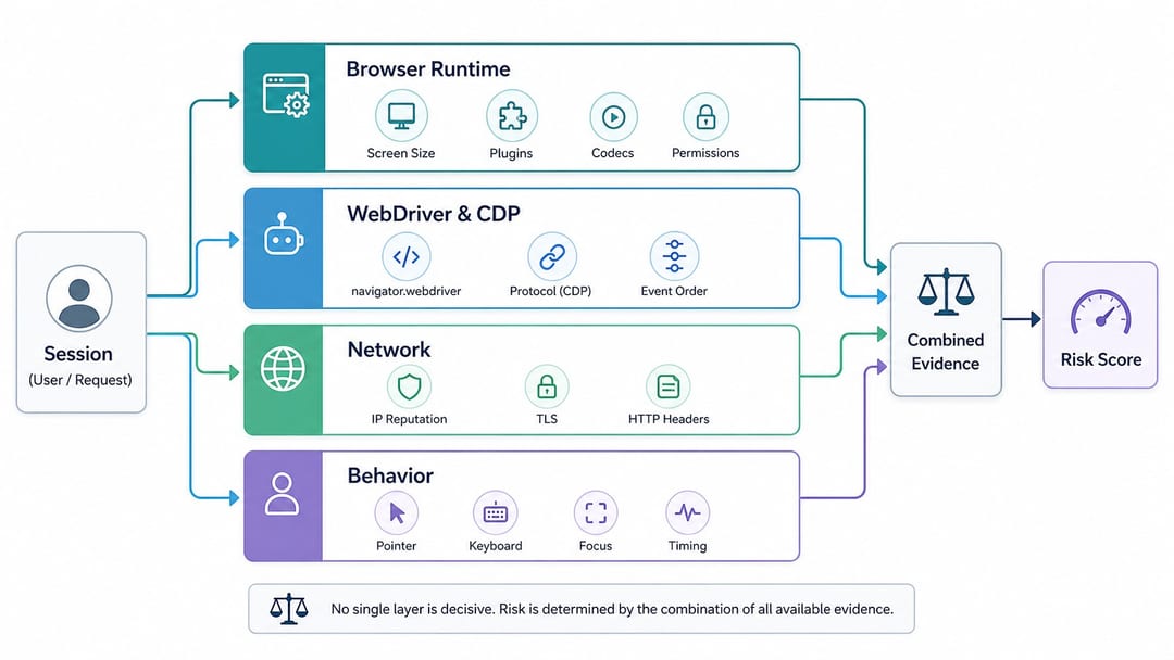Уровни обнаружения headless-браузера от browser runtime и CDP до сетевого и поведенческого анализа
