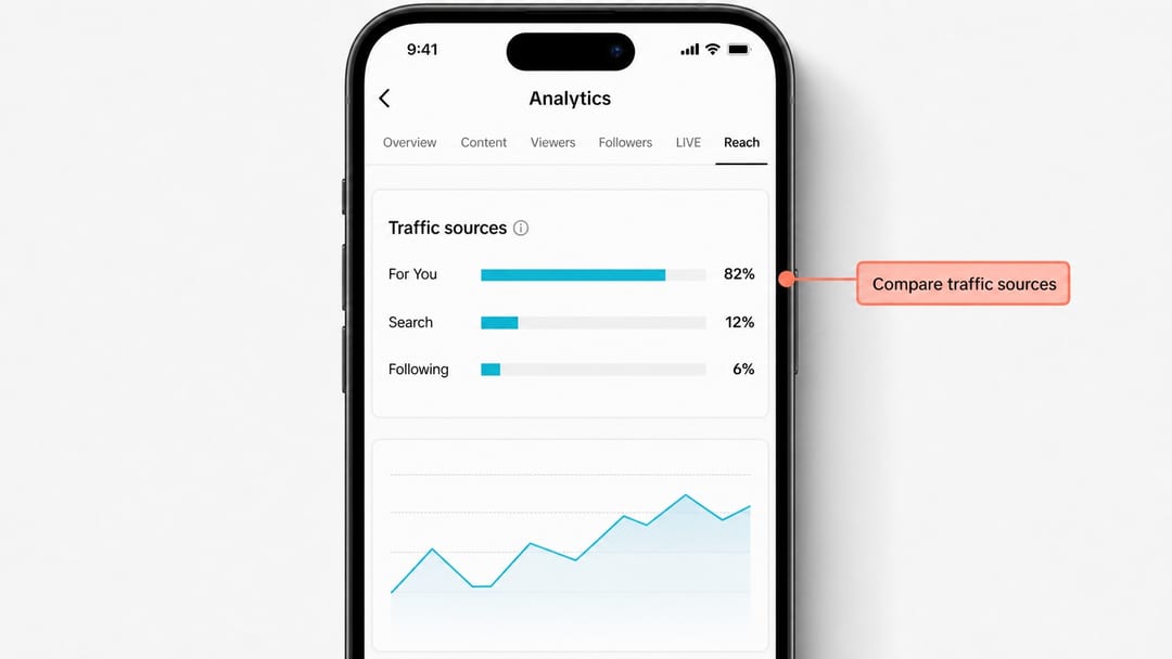 TikTok Analytics Reach section showing traffic split across For You, Search and Following