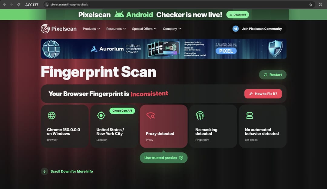 Результат перевірки профілю Afina на Pixelscan без виявленого маскування fingerprint