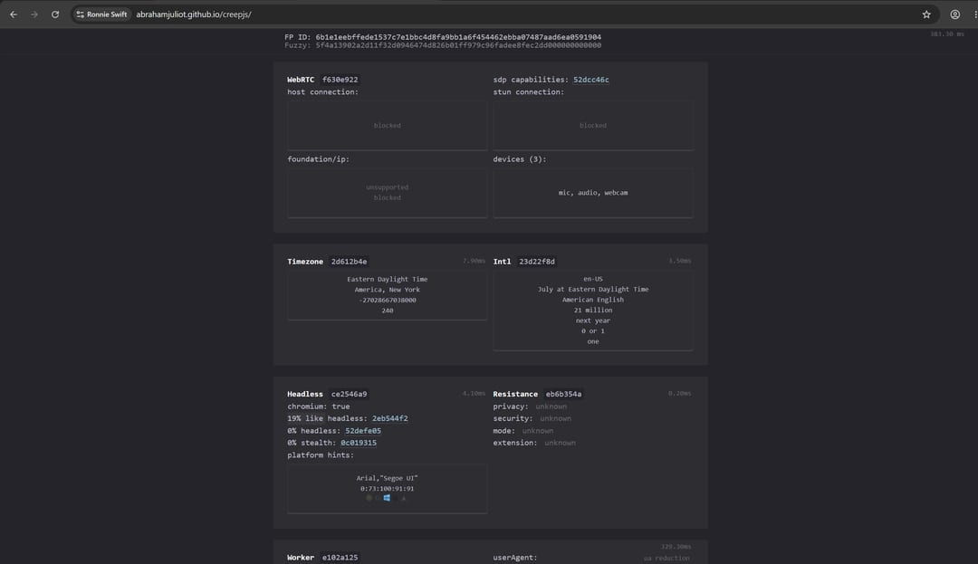 CreepJS блокирует WebRTC-кандидаты host и stun в профиле Hidemium