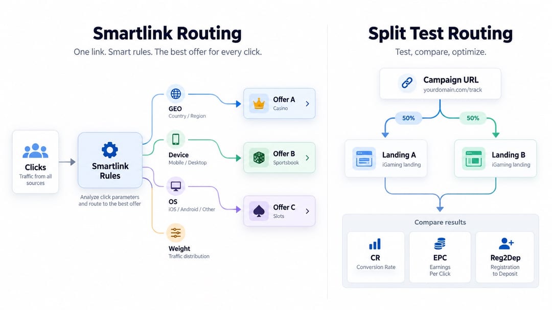 Smartlink and Split Test workflow in the Primetraff affiliate program Smartlink and Split Test workflow in the Primetraff affiliate program