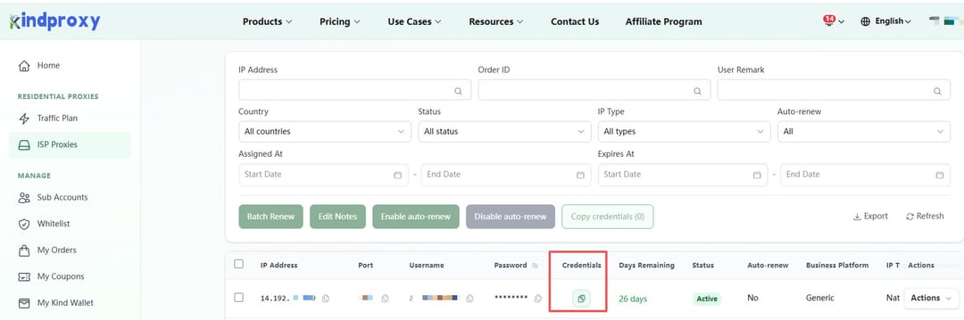Копирование статического ISP-адреса KindProxy для профиля Afina