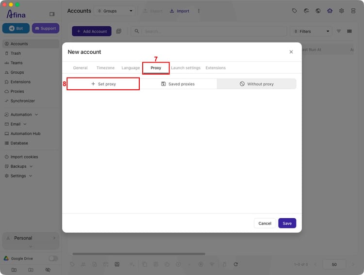 Proxy tab and Set proxy button