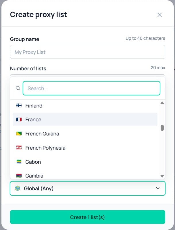 Choosing proxy GEO on the Node Proxy website