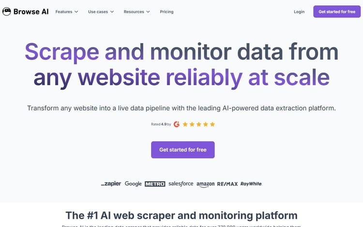 Browse AI interface promoting no-code scraping and web monitoring