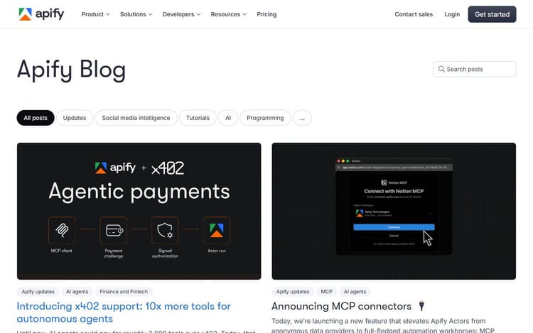 Apify blog page with materials about Actors, MCP and web automation